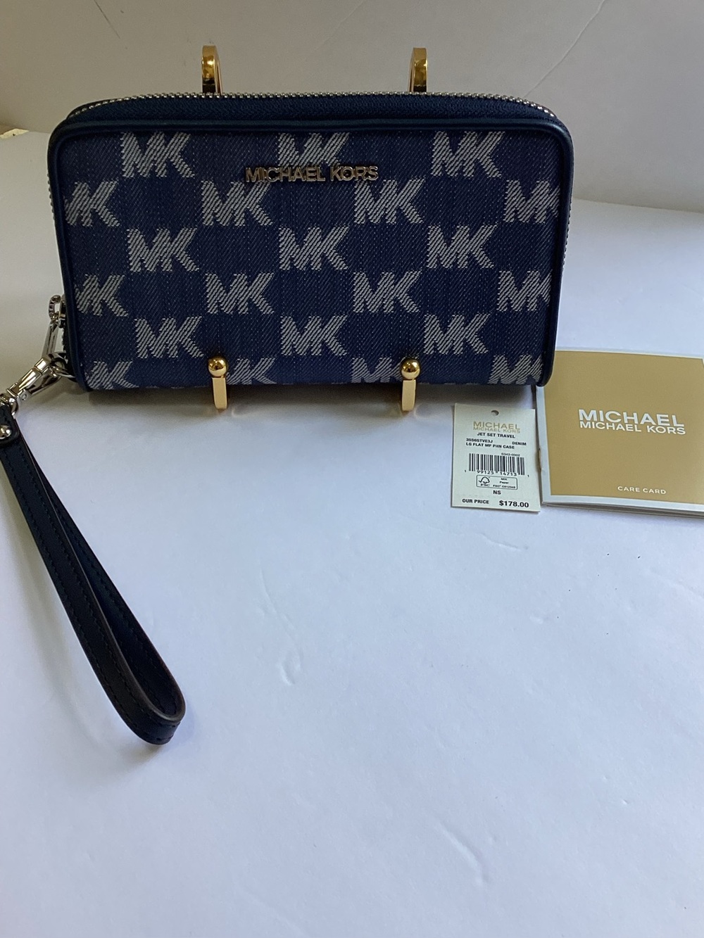 MICHAEL KORS Navy and White Denim MK Logo Zip-Around Wristlet NWT